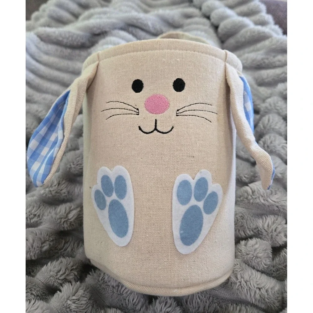 Easter Bunny Basket Burlap Canvas Tote Bag Blue Gingham Lining‎ Floppy Ears NWOT